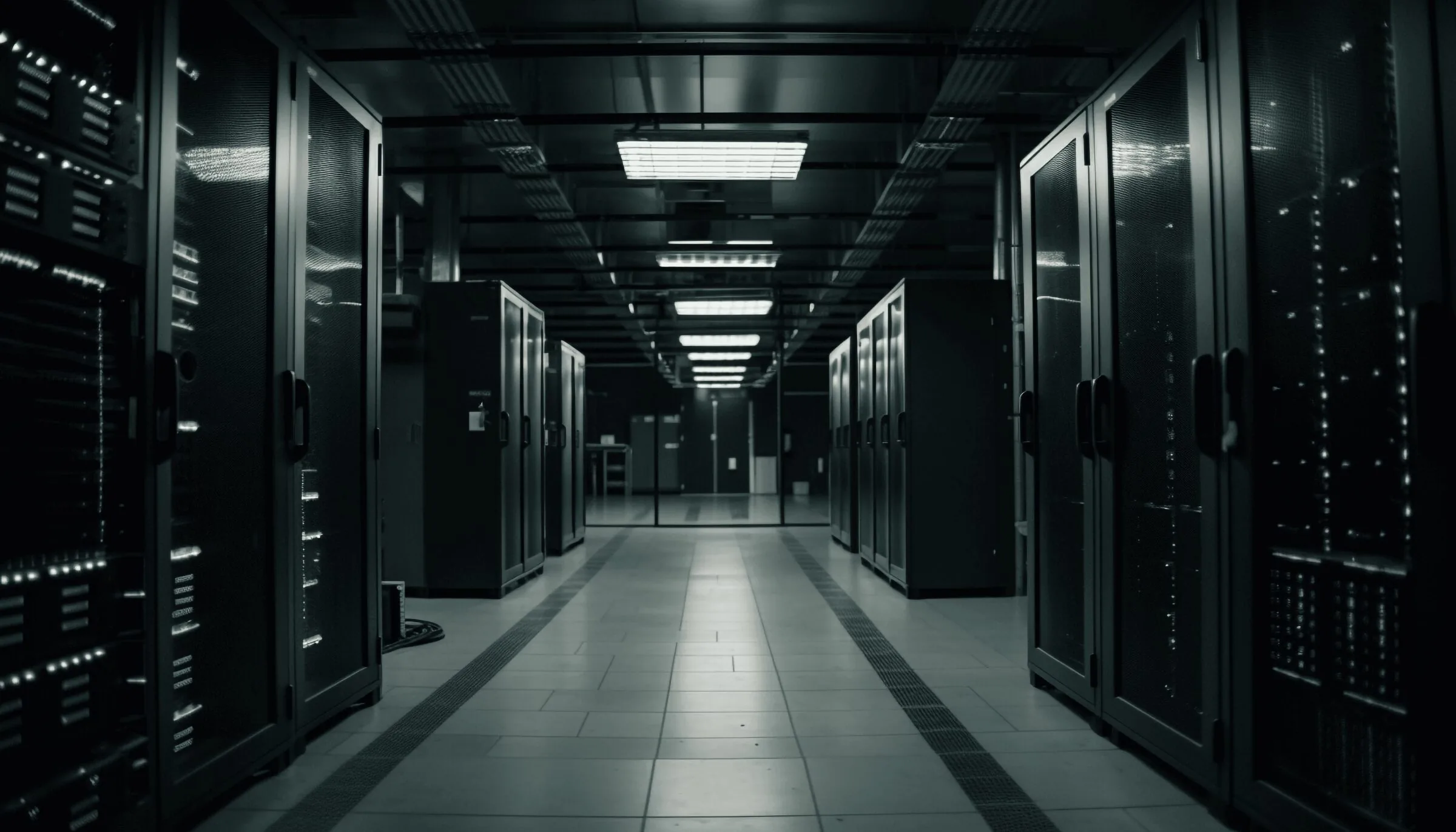 A server room with racks in blue light